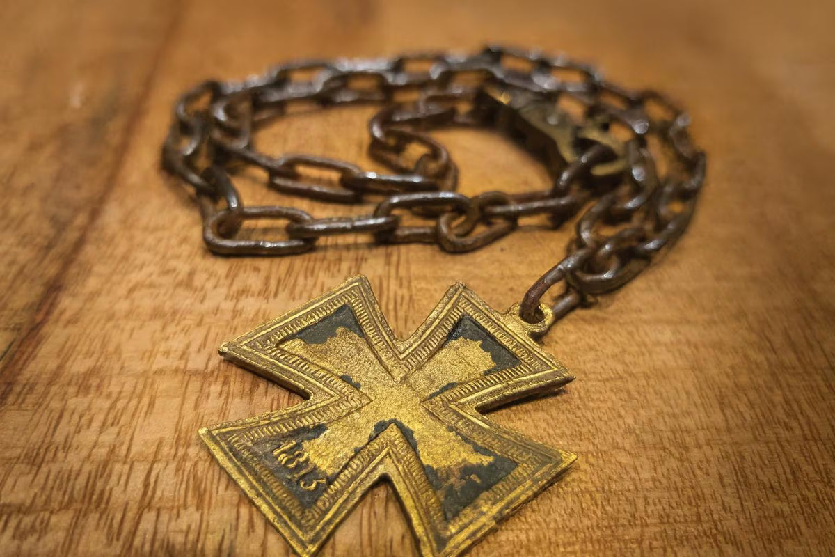 Brass Iron Cross Necklace 1813 – Biker Jewelry, Gothic Pendant, Gold Used Look with Solid Chain & Lobster Clasp