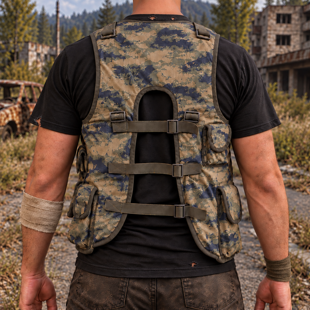 Airforce Tactical Weste – Rückansicht mit verstellbaren Gurten als Survivor-Kostüm mit leicht zerrissenem Shirt und Armwickeln