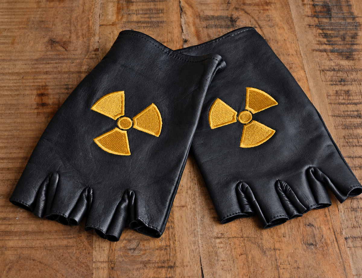 Paar schwarze Atompunk-Lederhandschuhe mit Nuklear-Stickerei