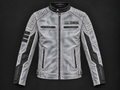 Graue Cyberpunk-Jacke mit schwarzen Einsätzen, Stehkragen, Schultersteppung und Reißverschlusstaschen – Vorderansicht
