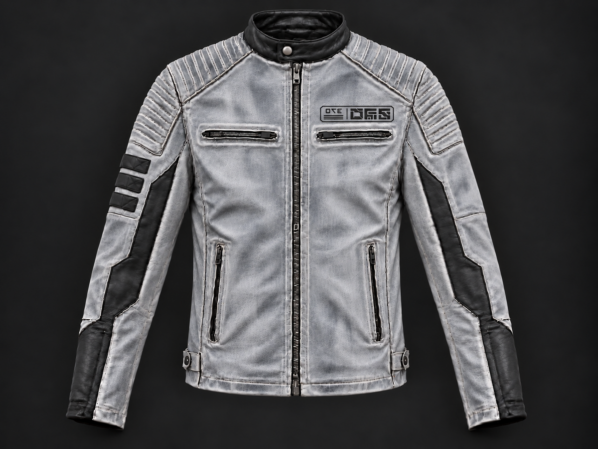 Graue Cyberpunk-Jacke mit schwarzen Einsätzen, Stehkragen, Schultersteppung und Reißverschlusstaschen – Vorderansicht