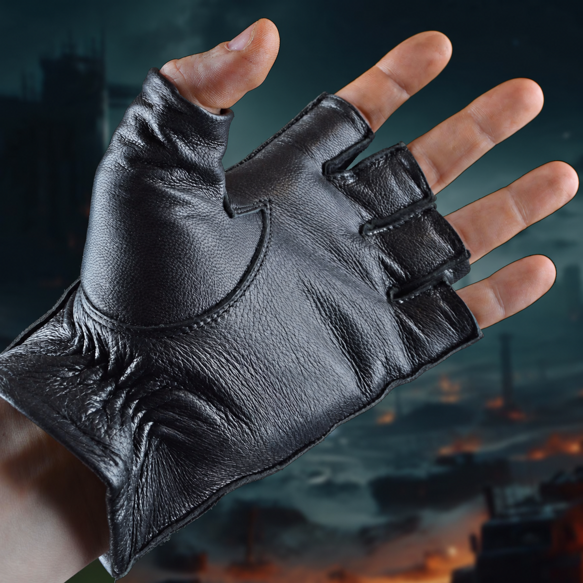 Schwarzer Halbfinger-Lederhandschuh – Handflächenansicht