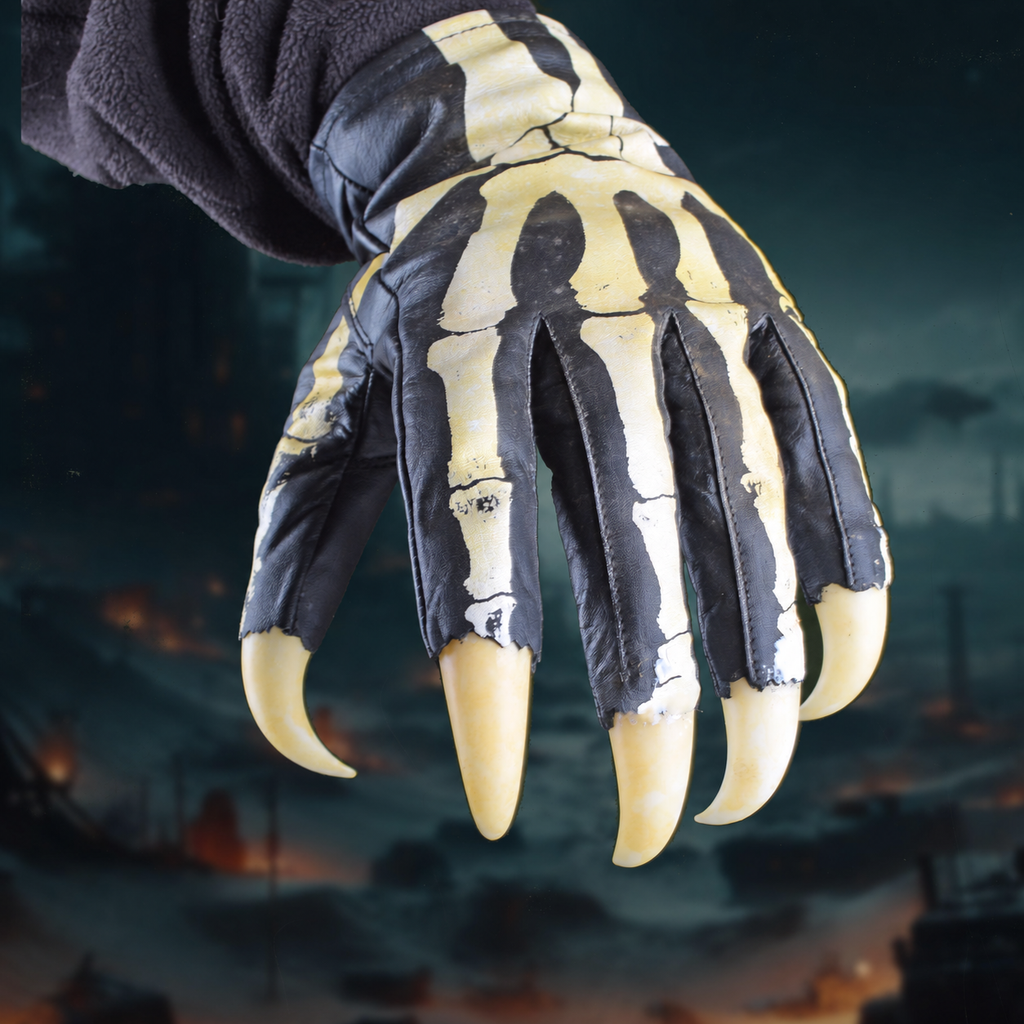 Horror-Skelett-Handschuh aus schwarzem Leder mit fünf knochenfarbenen PVC-Krallen – Handrücken