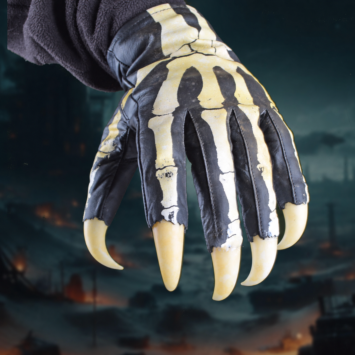 Horror-Skelett-Handschuh aus schwarzem Leder mit fünf knochenfarbenen PVC-Krallen – Handrücken