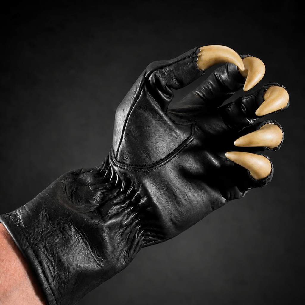 Krallenhandschuh V2 aus schwarzem Leder mit knochenfarbenen PVC-Krallen – Handfläche