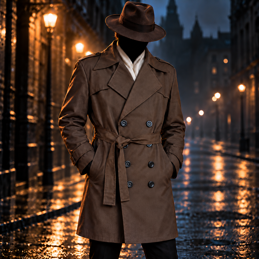 Rorschach-Kostüm für Watchmen-Cosplay: brauner Mantel mit vier Knopfreihen, Fedora und weißem Schal bei Nacht