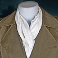 Weißer Rorschach-Cosplay-Schal unter brauner Kostümjacke