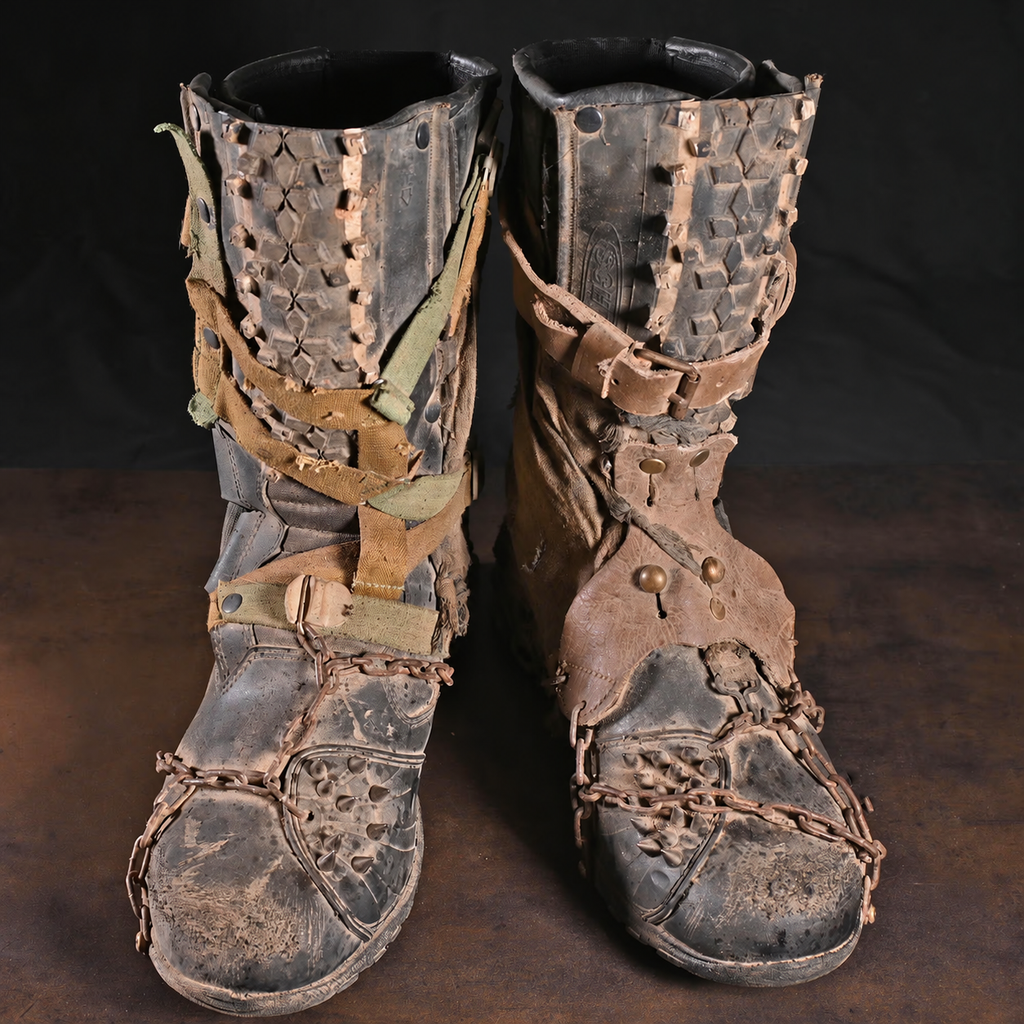 Individuelle Wasteland-Stiefel mit Reifenprofil, Riemen, Ketten und Nieten – Vorderansicht