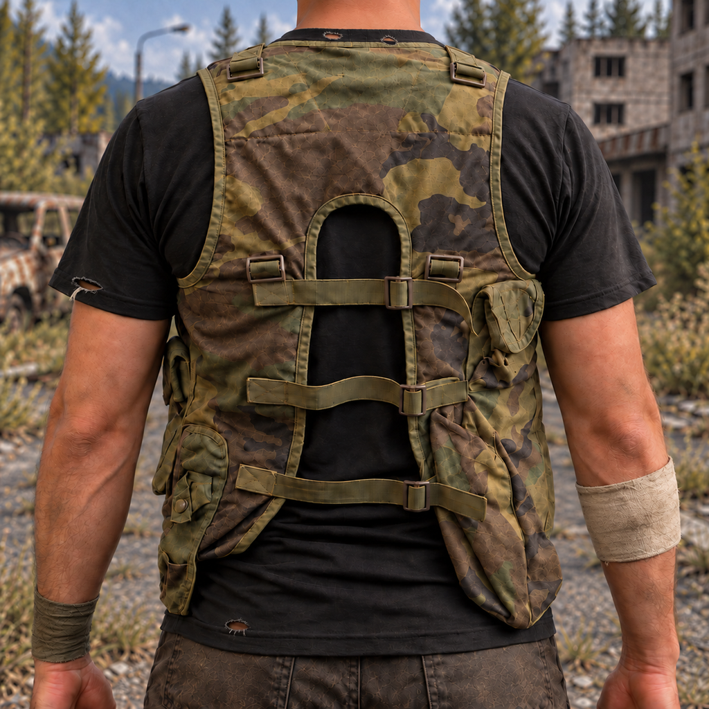 Woodland Tactical Weste – Rückansicht mit verstellbaren Gurten als Survivor-Kostüm mit leicht zerrissenem Shirt und Armwickeln