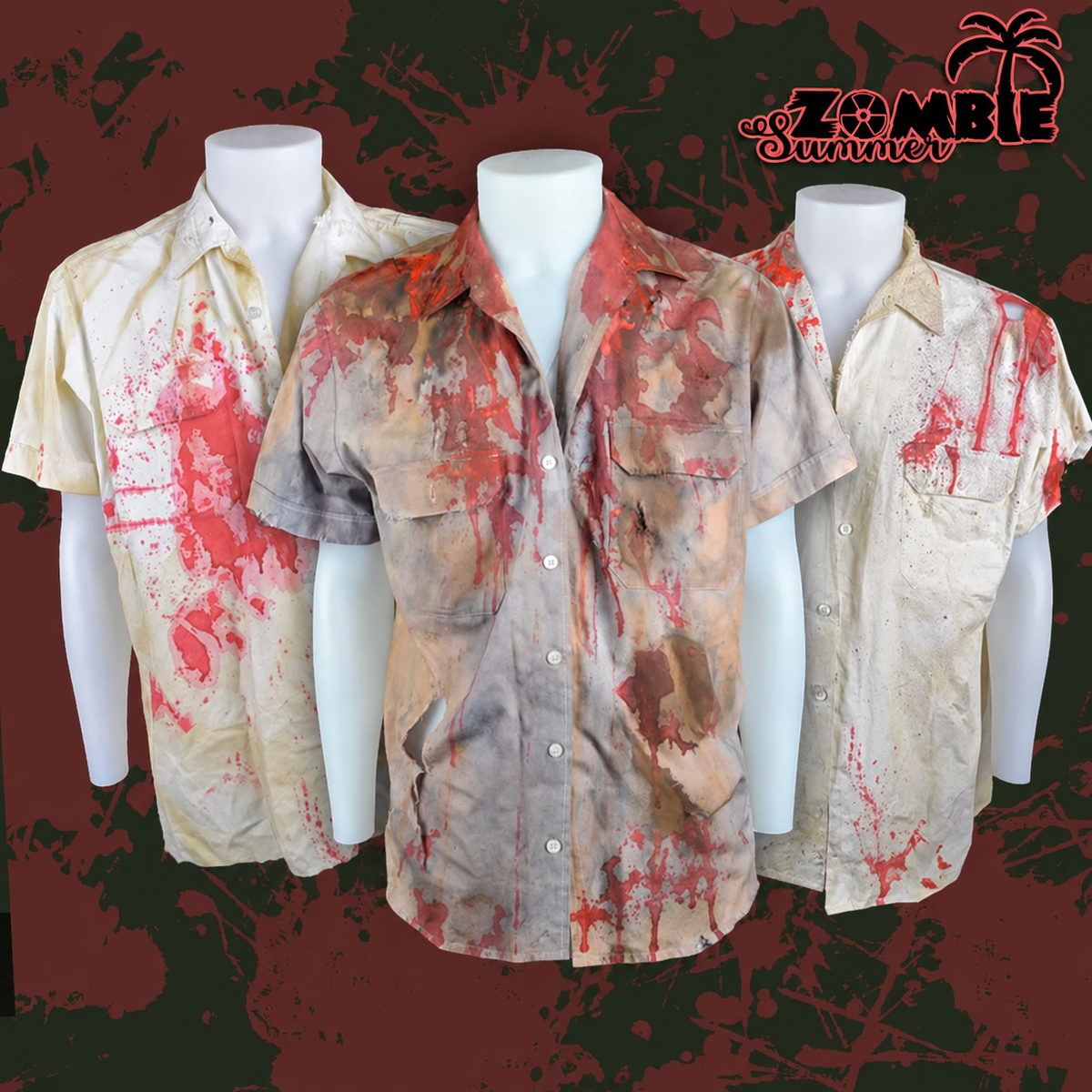 Drei Zombie-Shirts mit Rissen und Bluteffekten sowie Zombie-Summer-Palmenlogo